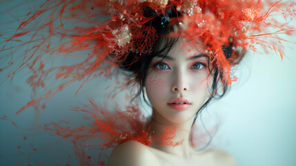 Graceful young asian woman adorned in a flowing with makeup and a creative hairstyle, colorful dress with floral embellishments, exuding elegance and vitality.