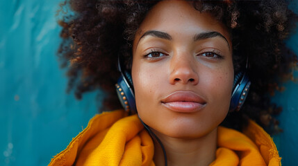 Confident young African American woman with afro and headphones listening to music - obrazy, fototapety, plakaty