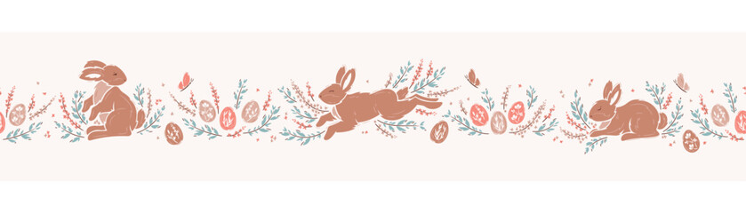 Horizontal Seamless Border Pattern of Easter Bunnies, Easter Eggs, Floral Elements. Spring Banner with Cute Brown Bunny, Leaves and Flowers. Vector illustration.