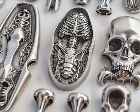 Innovative medical implants with cryptic art engravings showcased in an interactive ecommerce gallery