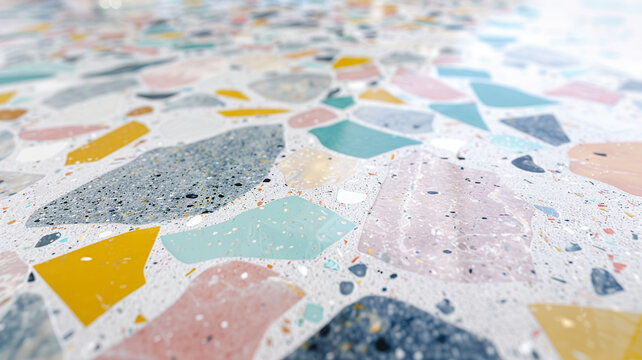 A close-up shot of a modern floor design with porcelain tiles in a terrazzo-inspired finish, featuring flecks of vibrant colors and subtle texture for a contemporary and stylish look.