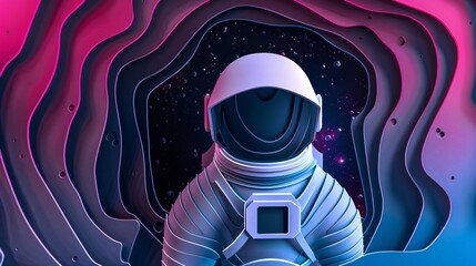 A futuristic papercut portrayal of an astronaut through a portal with neon pink for the portal electric blue for the unknown dimension white for the suit and black for the deep space background - obrazy, fototapety, plakaty