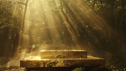 A golden podium in a forest glade where beams of light filter through the canopy turning everything they touch into gold - obrazy, fototapety, plakaty