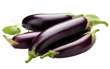 Group of Eggplants. Several eggplants are arranged neatly on a plain white background. The eggplants vary in size and shape, with their deep purple skin contrasting sharply against the white surface.