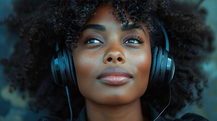 Dynamic young African American musician composing with afro and headphones - obrazy, fototapety, plakaty
