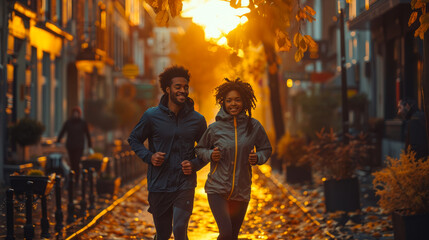 Urban Fitness Duo: Couple Morning Jog Along the City Streets.