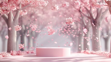 A pastel pink podium in a cherry blossom forest where the delicate pink petals float down creating a dreamlike setting