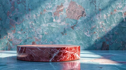 A polished red marble podium against a cool ice blue background striking a balance between warmth and serenity