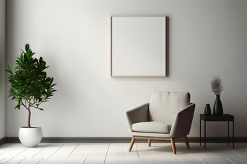Contemporary Nordic lounge with a single seat, plant companion, and a blank frame inviting creative...