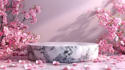 3D Rendered Zen-inspired Cake on a Marble Surface with Pink Blossoms