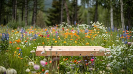 A simple birch wood podium in a wildflower meadow at the forests edge with the myriad colors of the flowers creating a joyful ambiance