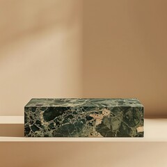 A sleek green marble podium on a warm beige background connecting the essence of nature with minimalist design