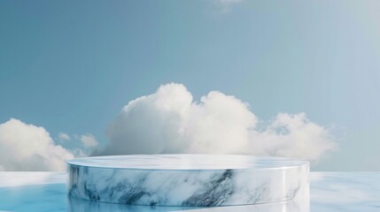 A sleek marble podium against a serene sky blue background embodying calm and clarity for product showcases