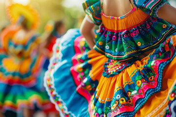 Blurred background of dancers wearing vibrant, traditional Mexican dresses with intricate floral embroidery, captured in dynamic motion.