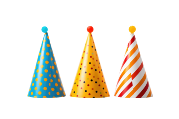 Three Party Hats Aligned in a Row. Three colorful party hats are neatly lined up in a row on a flat surface. Each hat is distinct in color and style, creating a visually appealing and festive display.