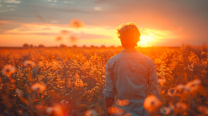 Solitude Amidst Blossoms: A Young Man Contemplative Moment in a Floral Farm