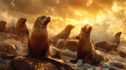 A group of sea lions enjoys the warmth of a golden sunset, surrounded by splashing waves on a rocky shore. - obrazy, fototapety, plakaty