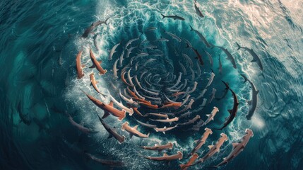 From above, the mesmerizing sight of a vast shoal of fish swimming in a circular formation captivates the viewer, their synchronized movements creating dynamic patterns across the green ocean waters. - obrazy, fototapety, plakaty