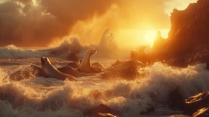Against the backdrop of a radiant sunset, a delightful gathering of sea lions luxuriates on the rocky shoreline, enveloped by the playful splashes of the surrounding waves. - obrazy, fototapety, plakaty