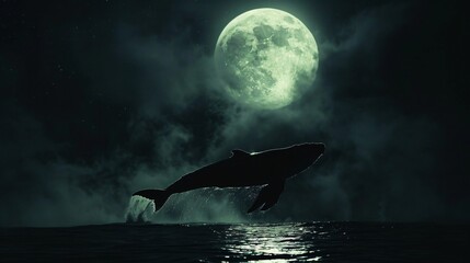 Eerie silhouette of a legendary sea creature under a full moon