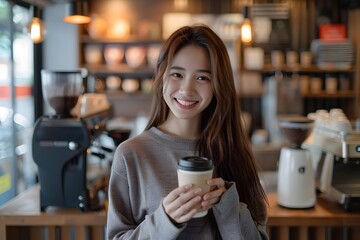 Asian Woman Enjoying Coffee on a Cafe Date