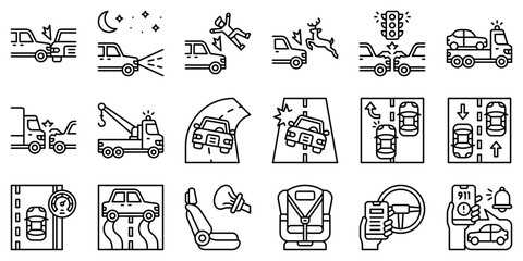 Car accident and safety related line icon set 2