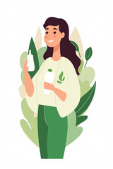 Illustration of a young woman holding a bottle of lotion. Choose natural cosmetics concept. eco vegan creams, lotions. skincare cosmetics bottles