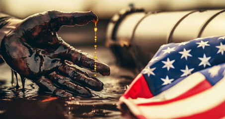Oil pipeline and natural gas. Oil pipeline Destruction and spilled oil at oil field. Gas production and crude refenery. Worker's dirty hand in crude pipe near oilfield. USA economic war American flag - obrazy, fototapety, plakaty