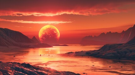 Dramatic sunset over icy landscape with majestic large sun. surreal scenery, digital artwork. sci-fi or fantasy setting. AI