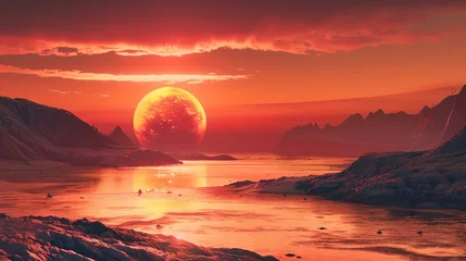 Foto op Aluminium Koraal Dramatic sunset over icy landscape with majestic large sun. surreal scenery, digital artwork. sci-fi or fantasy setting. AI