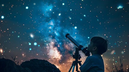 Child Stargazing with Telescope in Awe of the Night Sky - obrazy, fototapety, plakaty