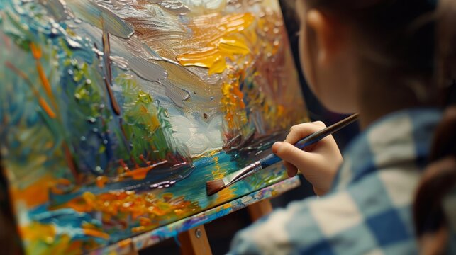 Female Artist Works on Abstract Oil Painting, Moving Paint Brush Energetically She Creates Modern Masterpiece