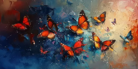 Papier Peint photo Papillons en grunge Butterflies and abstract oil painting, digital mixed media art