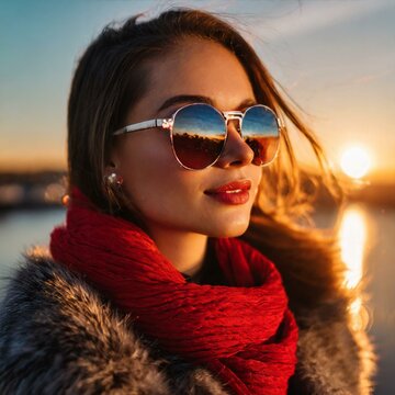 A beautiful caucasian female wearing a fur coat is standing on the shore with a sunset in the background. Scene reflection on her sunglasses.