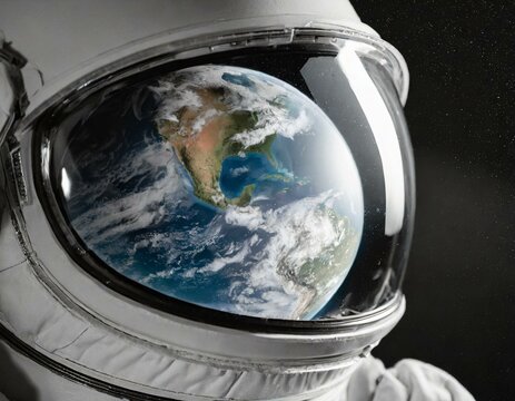 A reflection of planet Earth on the vizor of an astronaut's helmet. Space exploration and interstellar travel.