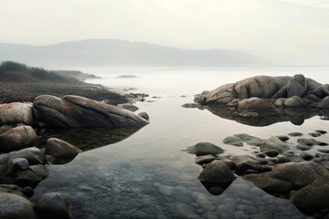 Landscape illustration of foggy lake with mountains in background