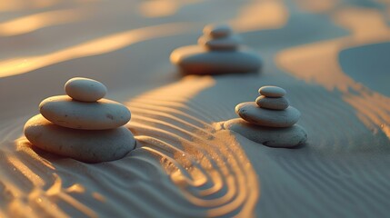 Fototapeta na wymiar Peaceful zen stones on rippled sand at sunset, meditation and spa concept, soft focus and warm light. AI