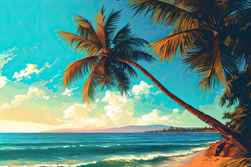 Beautiful idyllic illustration of beach landscape with stunning sunlight and crashing waves onto soft sandy shore
