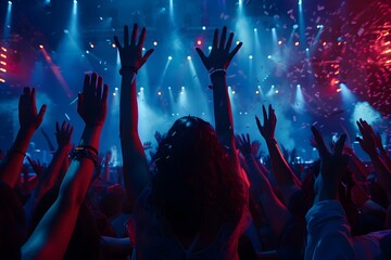Excited Concert Crowd Raising Hands during Music Festival