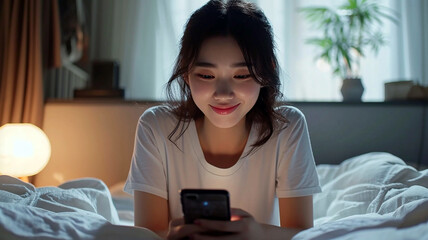Young women lying down while using a smartphone. Asian woman sleeping on her stomach while looking at her cellphone. Scrolling social media before sleep. Generative AI - obrazy, fototapety, plakaty