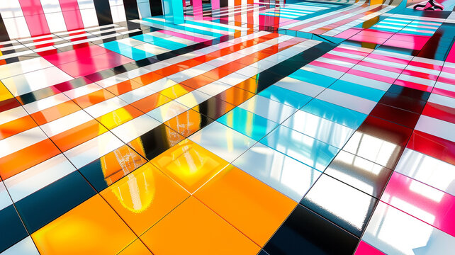 A detailed UHD capture of a futuristic floor design with modular tiles in bold graphic patterns and vibrant colors.