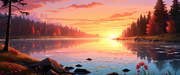 Enchanting gradient sunset casting warm light over a serene lake, creating the cutest and most...