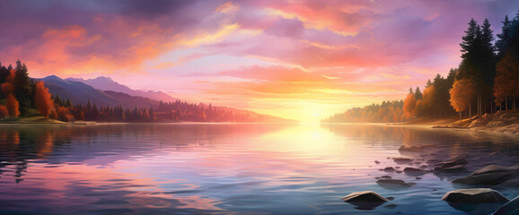 Enchanting gradient sunset casting warm light over a tranquil lake, creating the cutest and most beautiful waterscape. - obrazy, fototapety, plakaty