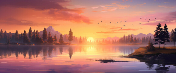Enchanting gradient sunset casting warm light over a tranquil lake, creating the cutest and most beautiful waterscape.