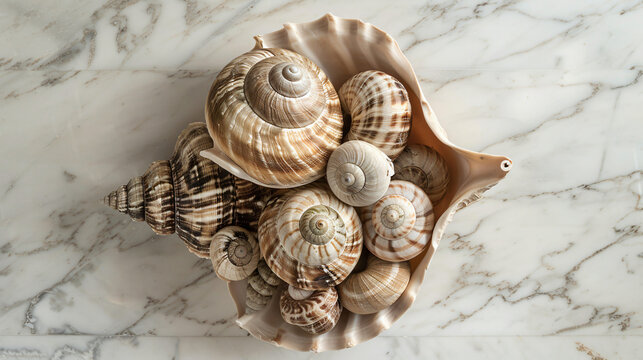 Large sea shell filled with snails on marble table