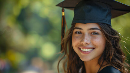 A radiant young woman celebrates her academic achievement, smiling in her graduation cap and gown with diploma in hand.