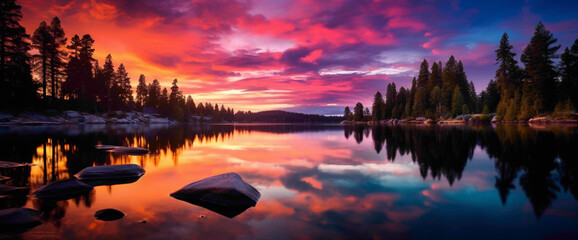 Enchanting gradient sunset over a serene lake, casting the cutest and most beautiful reflections on...