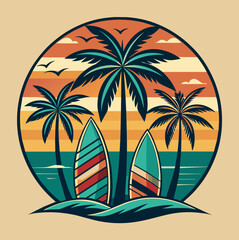 Fototapeta na wymiar Create a retro-inspired design featuring vintage surfboards and palm trees