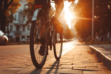 Gordijnen A cyclist rides along a city street in daylight © Е К