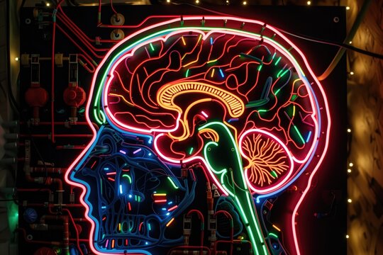 A neon sign of a human head with a brain